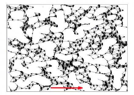 Single realization of random positions and orientations of 100 disks with an external field pointing in the direction of the red arrow.